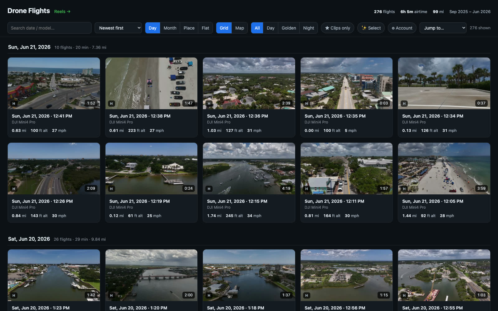 The flight gallery: hundreds of flights grouped by day with thumbnails and stats