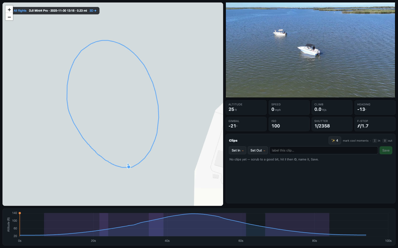 The player: video synced with a live map trace, telemetry HUD, and altitude timeline