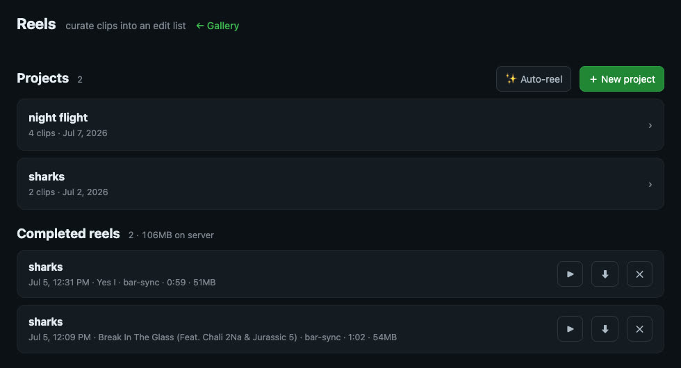 Stories: curated clips rendered into finished videos with music