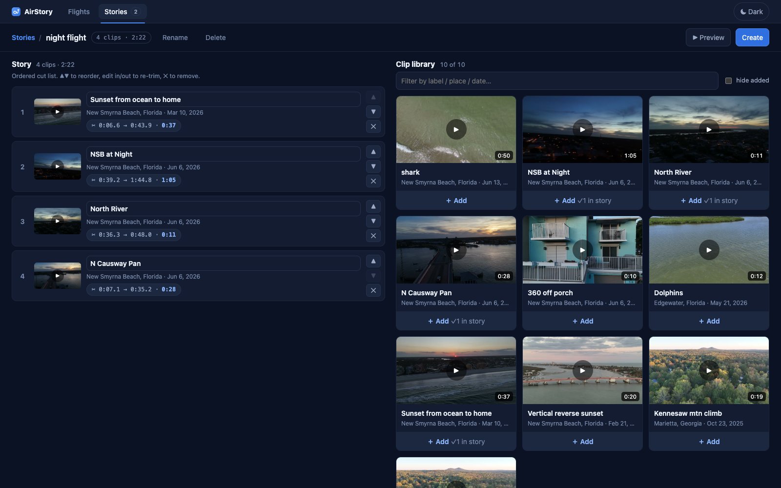 The story editor: labeled clips arranged into an ordered cut list beside a clip library