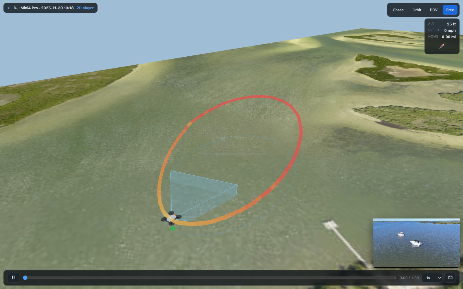The 3D theater: the flight path drawn as a ribbon over real 3D terrain